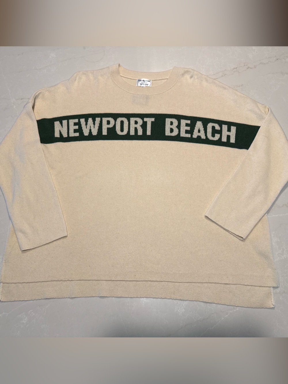 Cream Newport Beach Crewneck Sweater with Green Stripe